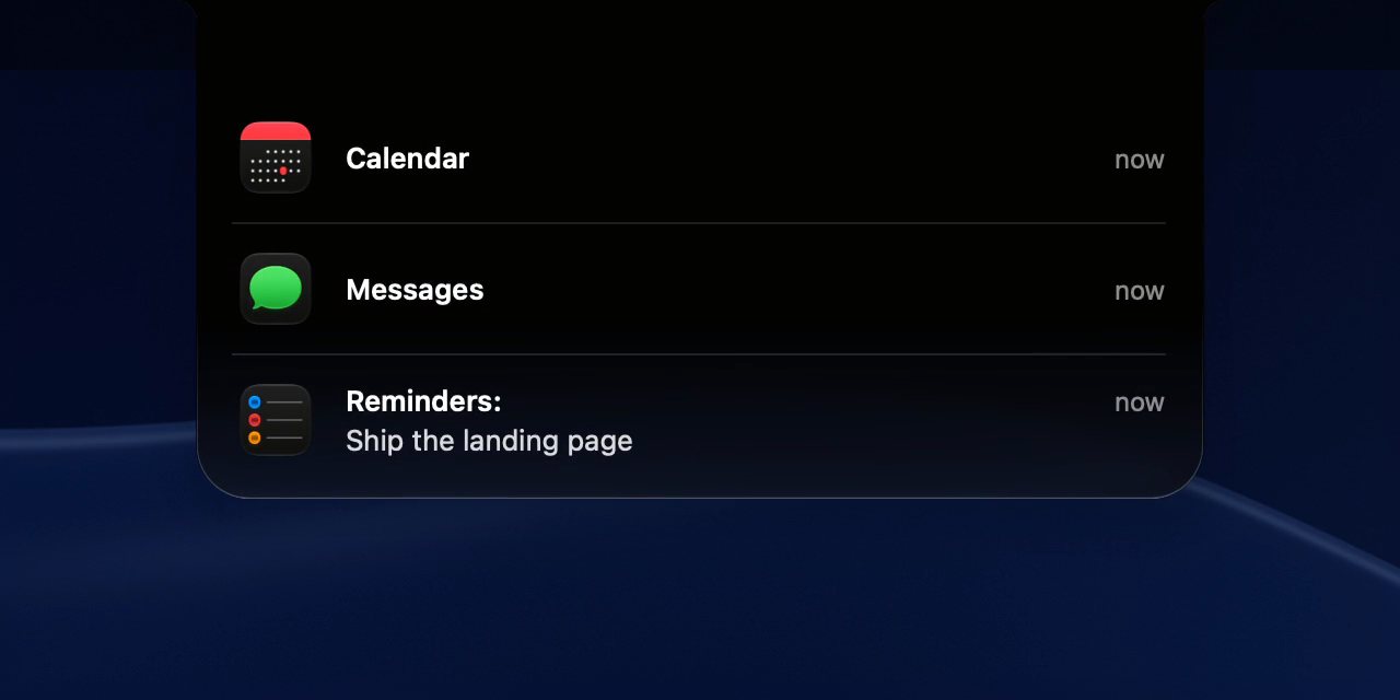 Recorded in Alkit: an event, a message and a reminder drop out of the notch and stack on one card, the newest with its text.