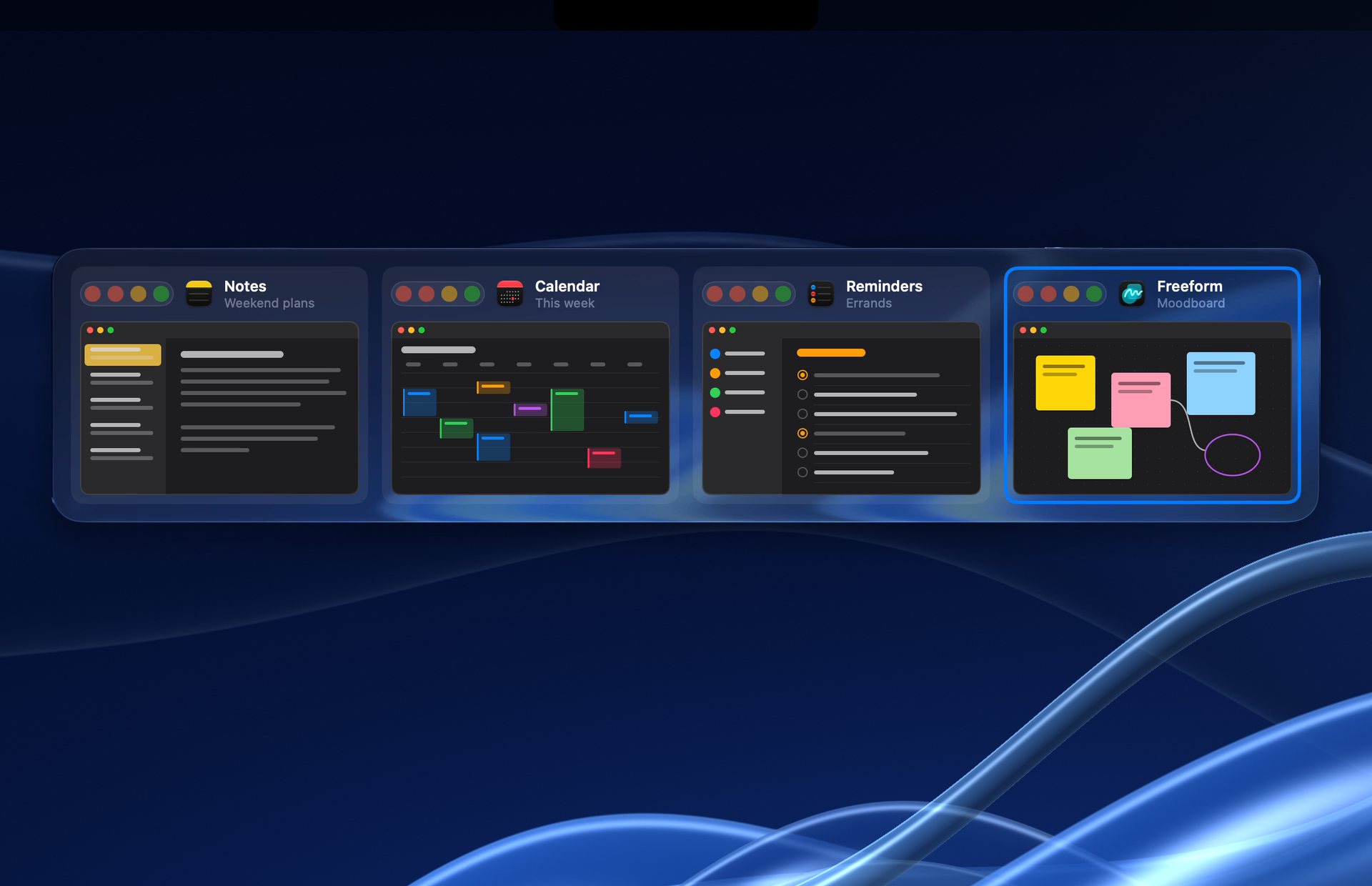 Recorded in Alkit: holding Option and tapping Tab moves across four windows, each shown as a live preview.