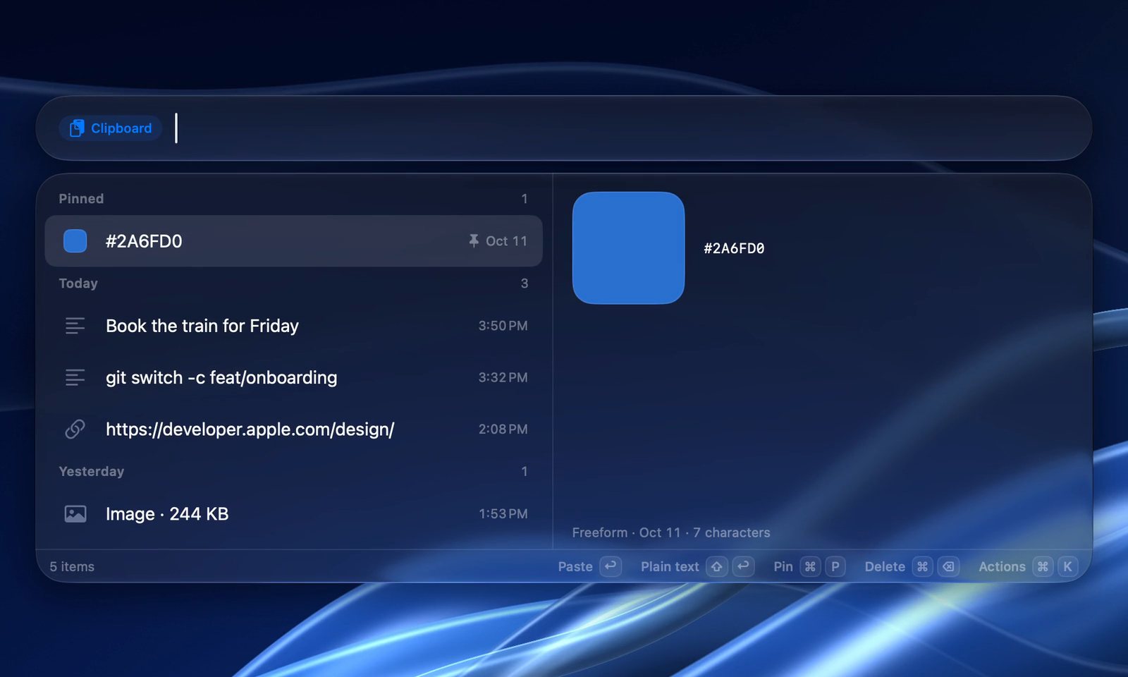 Recorded in Alkit: clipboard history with a pinned color, a note, a command, a link and an image; typing train narrows it to Book the train for Friday.